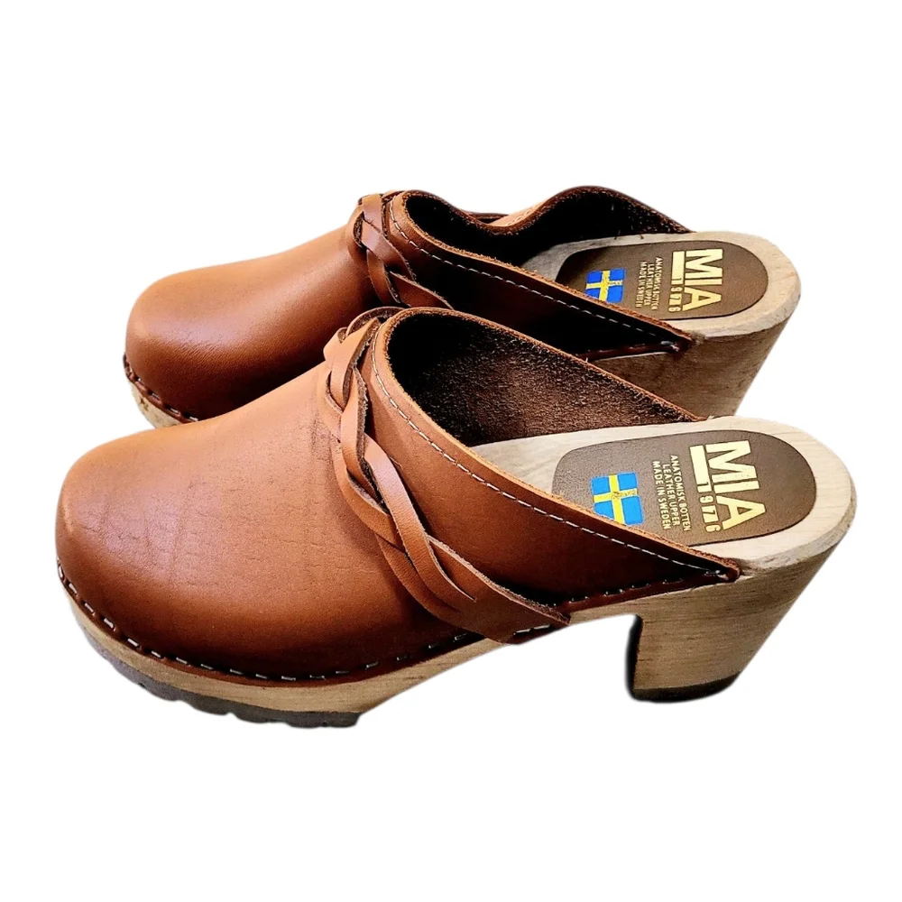 MIA Sweden ELSA Leather Heeled Clogs Mules In Luggage Brown Braided Detail 8 - Picture 8 of 14